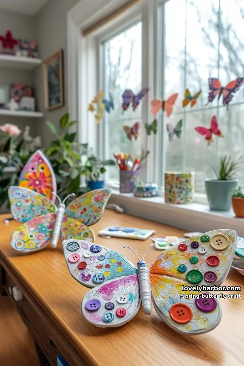 upcycled plastic bottle butterflies with painted details and button accents 1