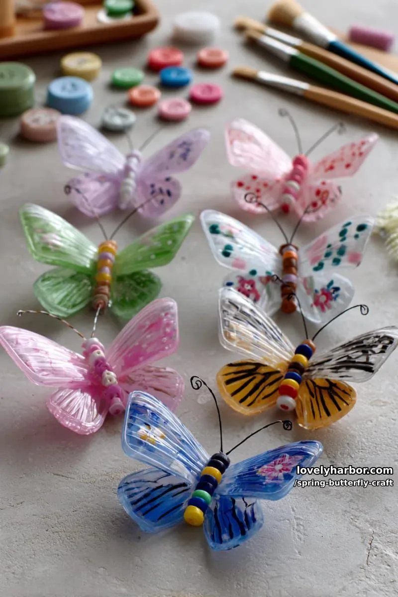 upcycled plastic bottle butterflies with painted details and button accents 1