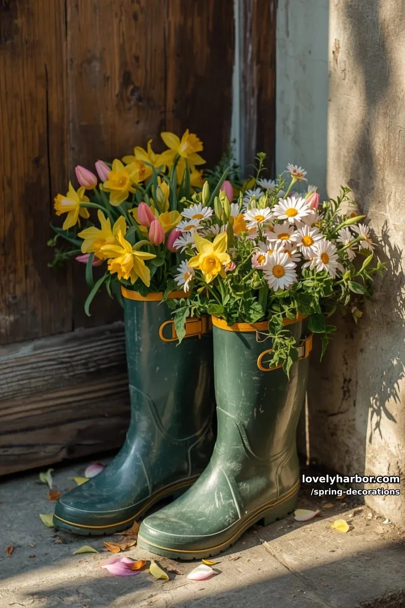 upcycled rain boots overflowing with fresh spring blooms by the doorway 1