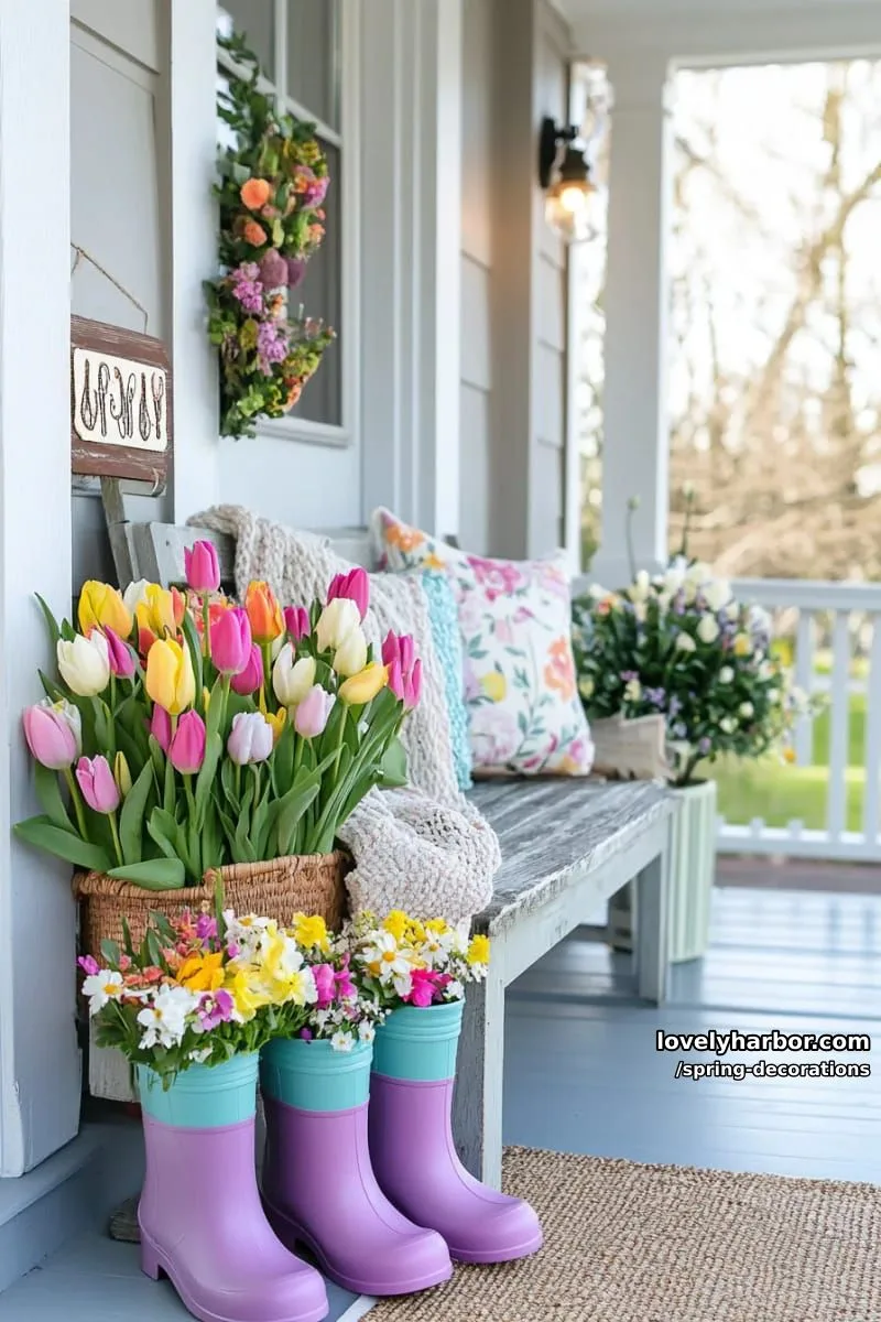 upcycled rain boots overflowing with fresh spring blooms by the doorway 1