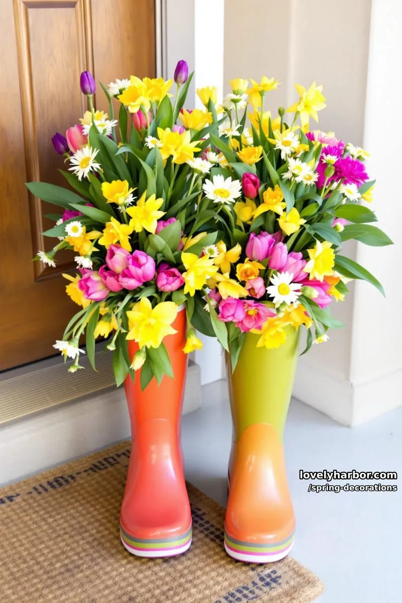 upcycled rain boots overflowing with fresh spring blooms by the doorway 1