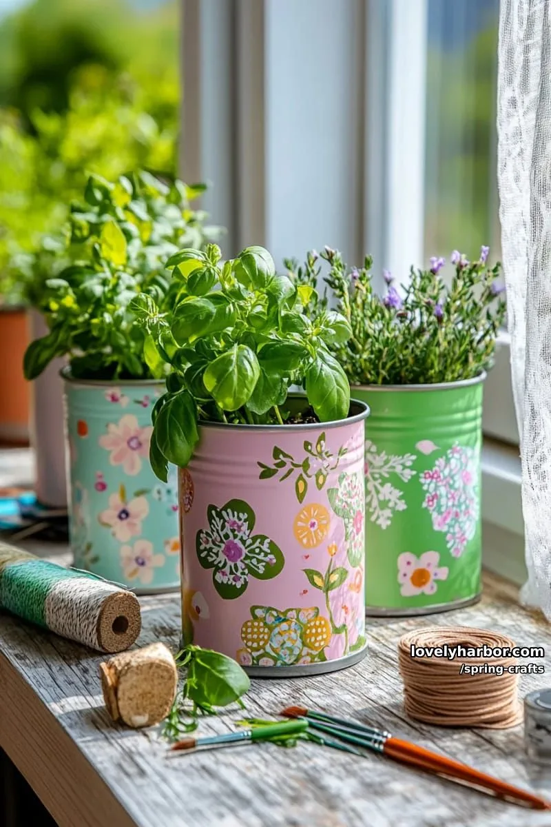upcycled tin can herb gardens painted with whimsical pastel florals 1