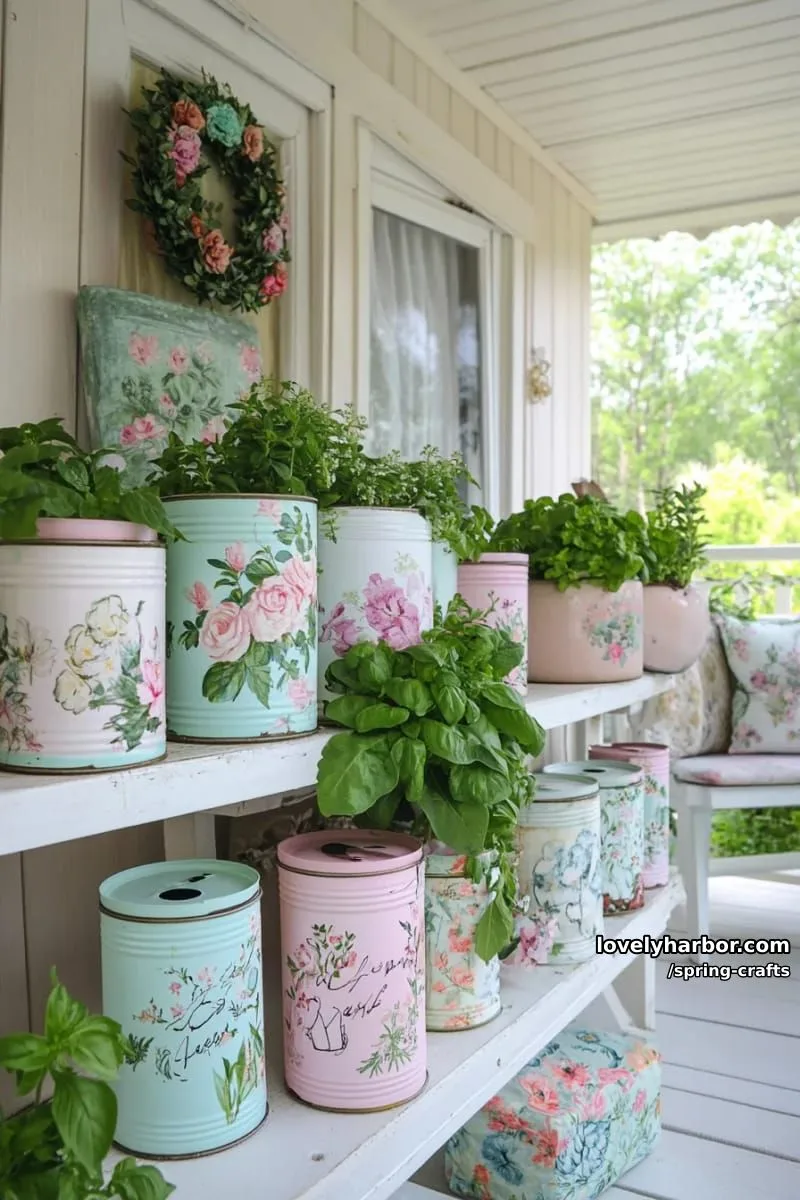 upcycled tin can herb gardens painted with whimsical pastel florals 1