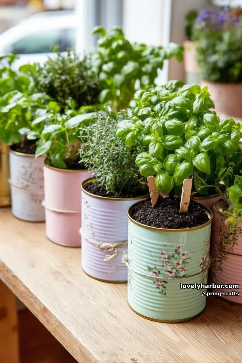 upcycled tin can herb gardens painted with whimsical pastel florals 1