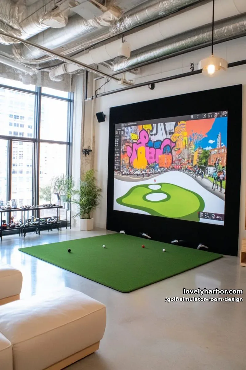 15 Chic Golf Simulator Room Designs to Help Update Your Space! 29 urban golf studio with graffiti art mural and adjustable smart lighting 1