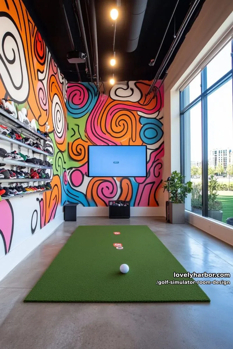 15 Chic Golf Simulator Room Designs to Help Update Your Space! 30 urban golf studio with graffiti art mural and adjustable smart lighting 1