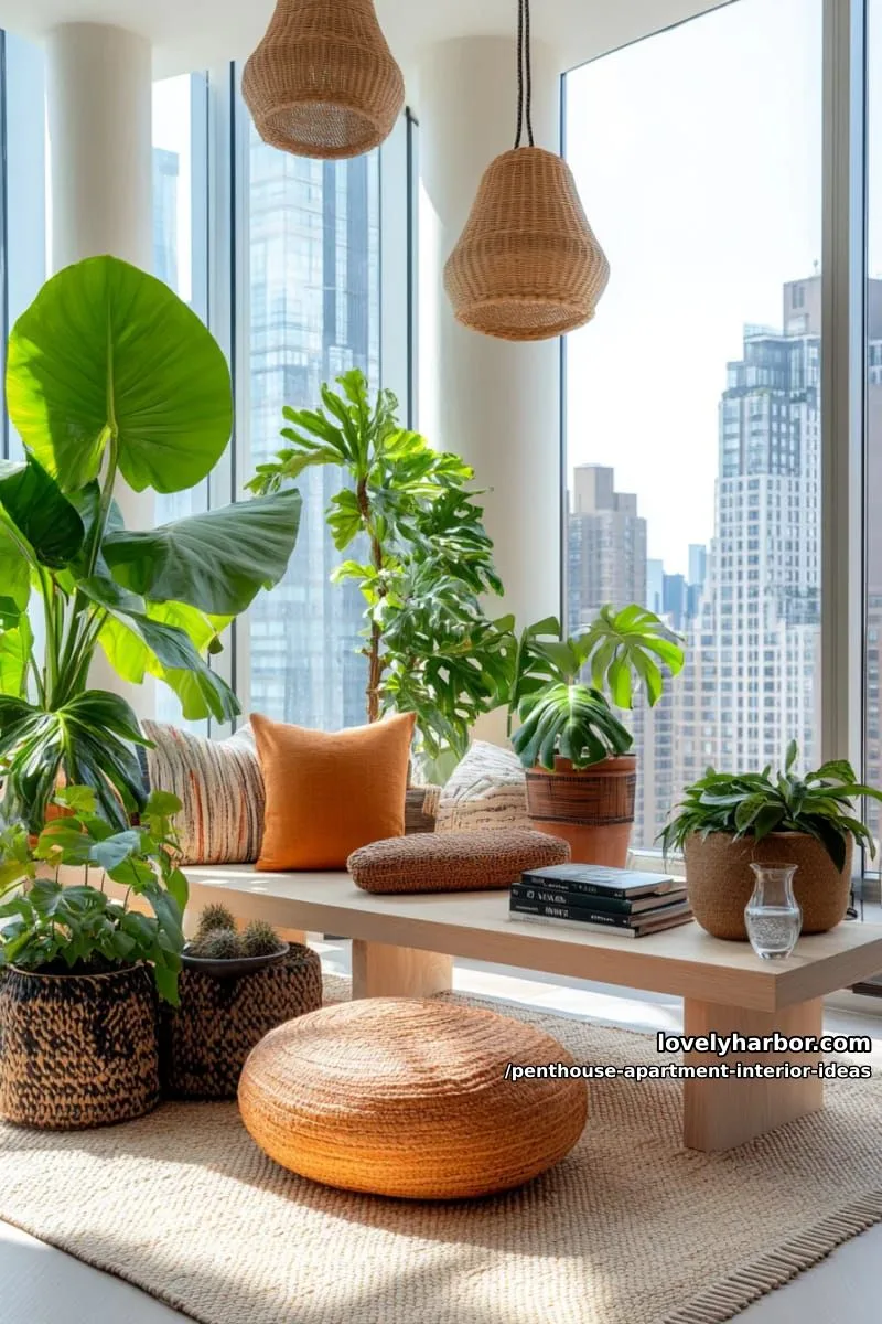 29 Stunning Penthouse Apartment Interior Design Ideas for a Fresh New Look 52 urban jungle corner with large potted plants and natural wood benches 1