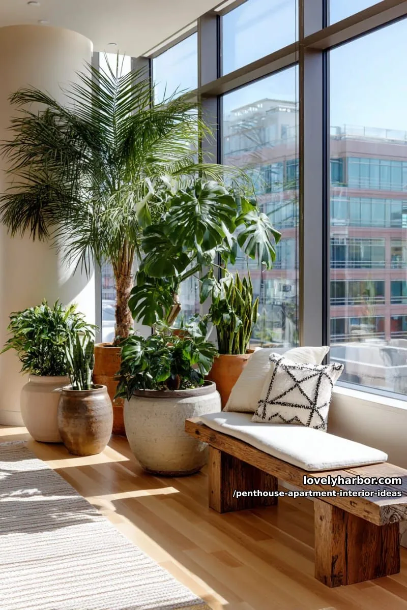 29 Stunning Penthouse Apartment Interior Design Ideas for a Fresh New Look 53 urban jungle corner with large potted plants and natural wood benches 1