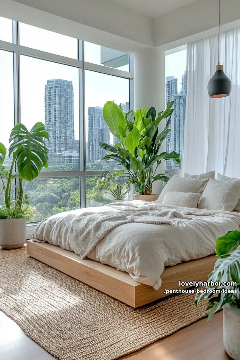 urban jungle penthouse: oversized plants and neutral tones with city views 1