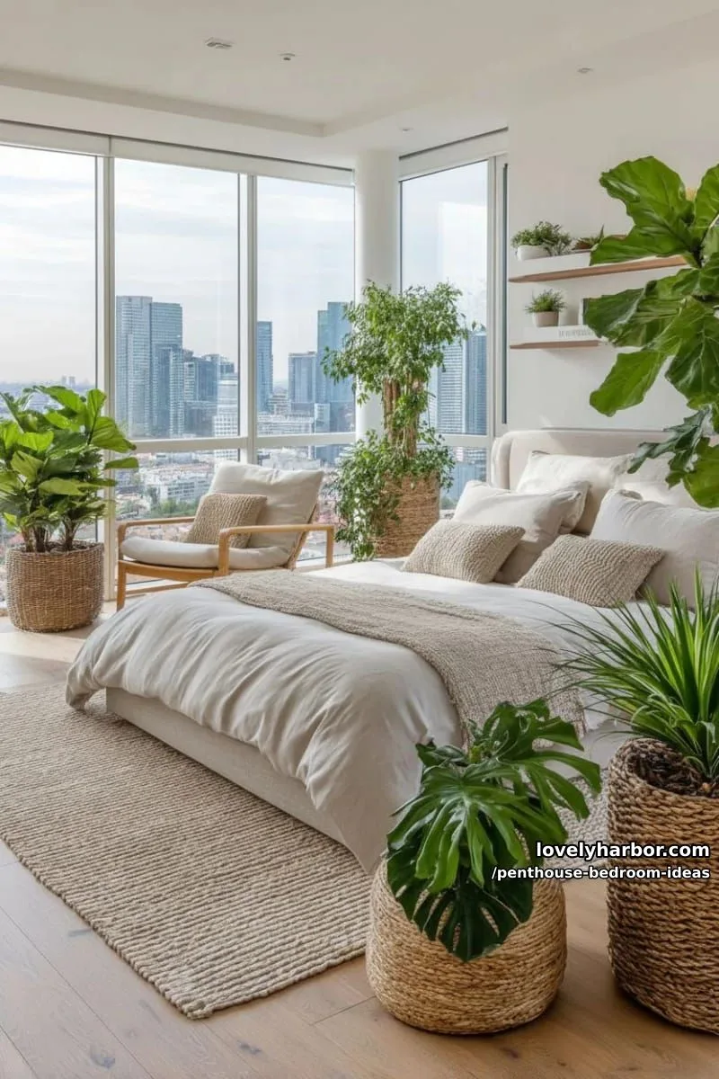 urban jungle penthouse: oversized plants and neutral tones with city views 1