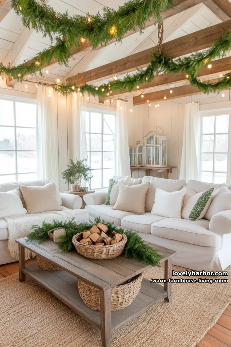 15 Ways to Style a Warm Farmhouse Living Room 31 use warm white string lights and greenery garlands along rustic ceiling beams 1