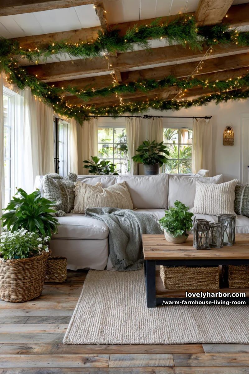 15 Ways to Style a Warm Farmhouse Living Room 32 use warm white string lights and greenery garlands along rustic ceiling beams 1