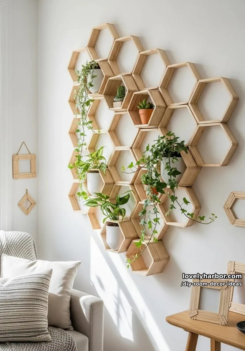 15 Creative DIY Room Decor Ideas to Add Color to Your Space 24 use wooden popsicle sticks to build a honeycomb planter wall feature 1
