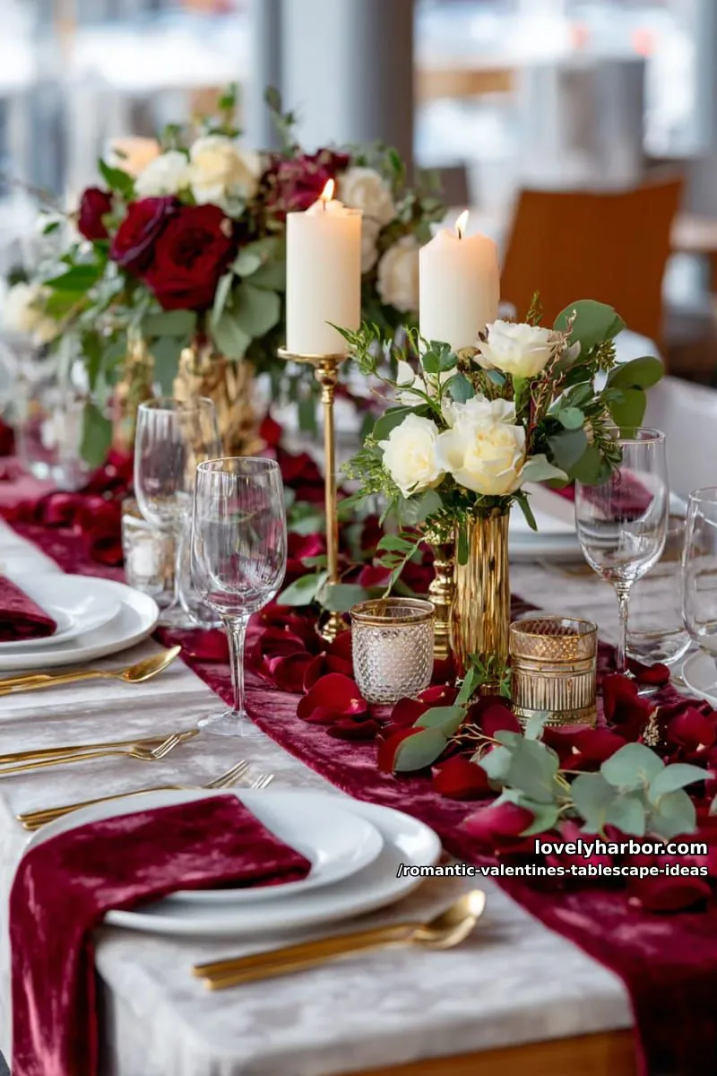 velvet red table runner with scattered rose petals and gold candleholders 1