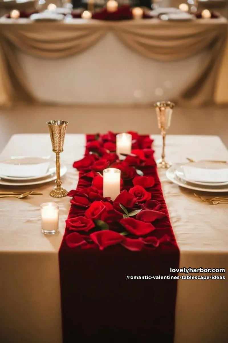 velvet red table runner with scattered rose petals and gold candleholders 1