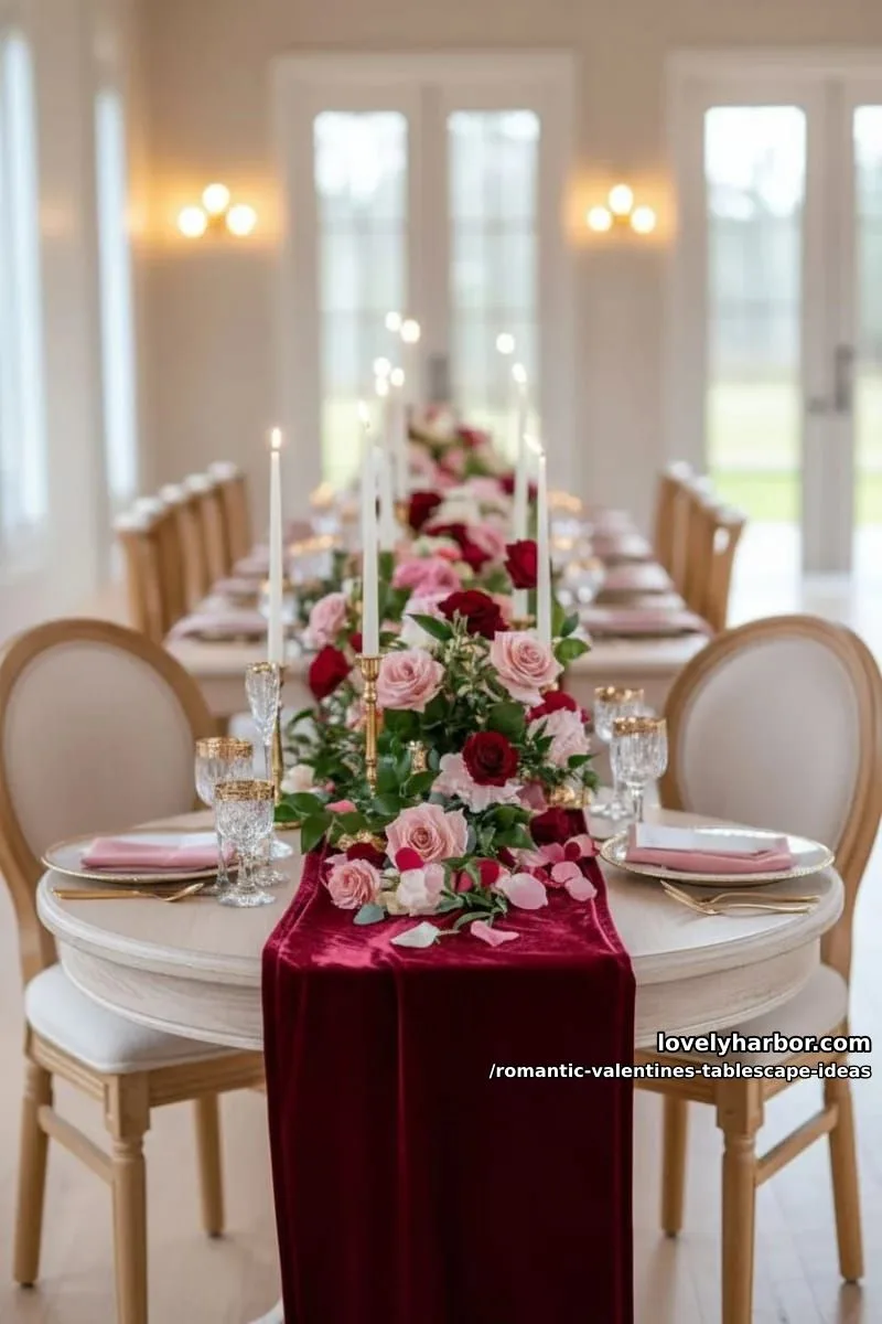 velvet red table runner with scattered rose petals and gold candleholders 1