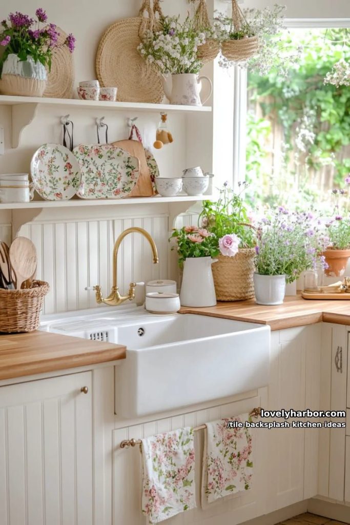 vertical beadboard effect tiles in pale gray for a cottagecore kitchen touch 25