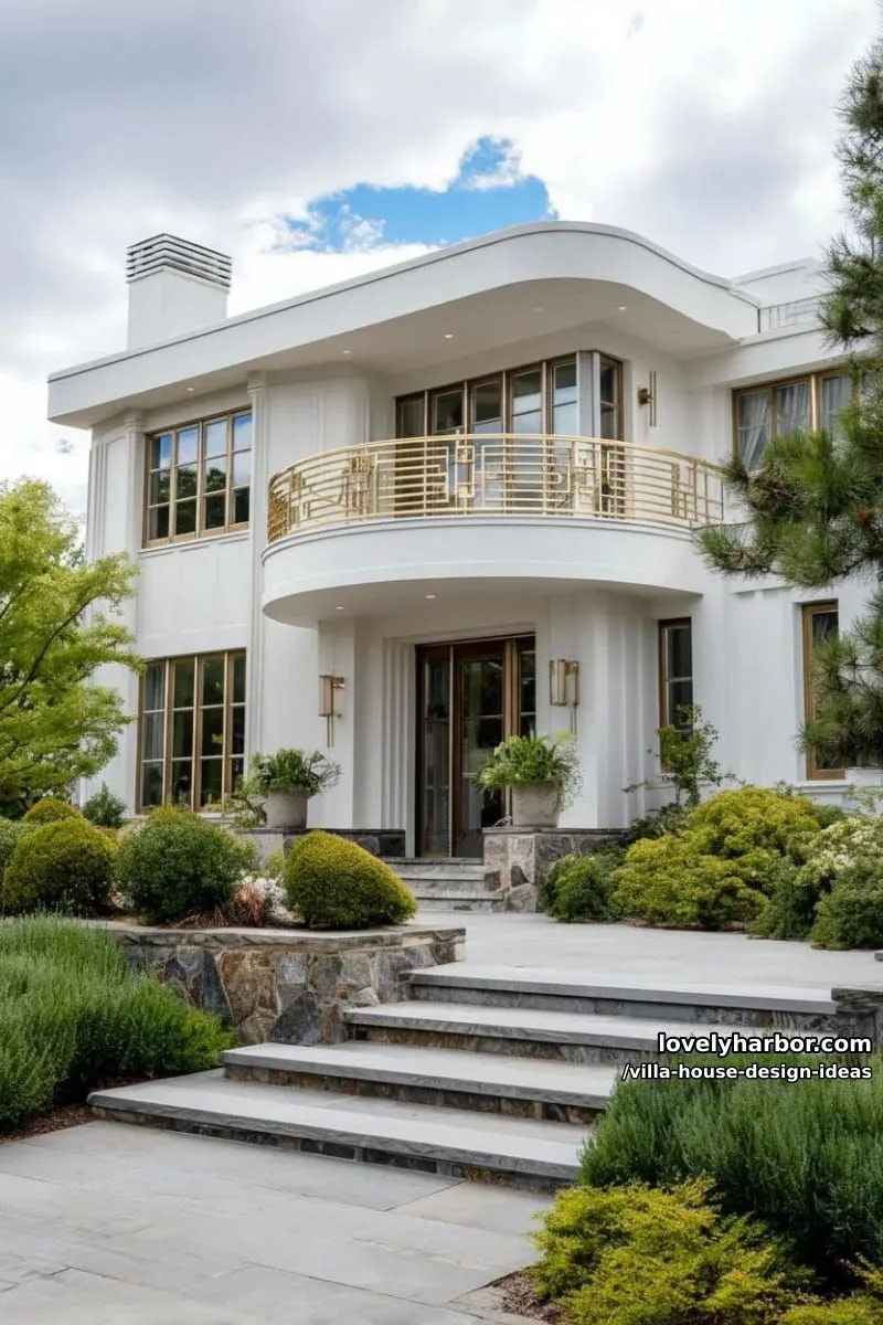 villa featuring an art deco-inspired curved balcony and gold accents 1