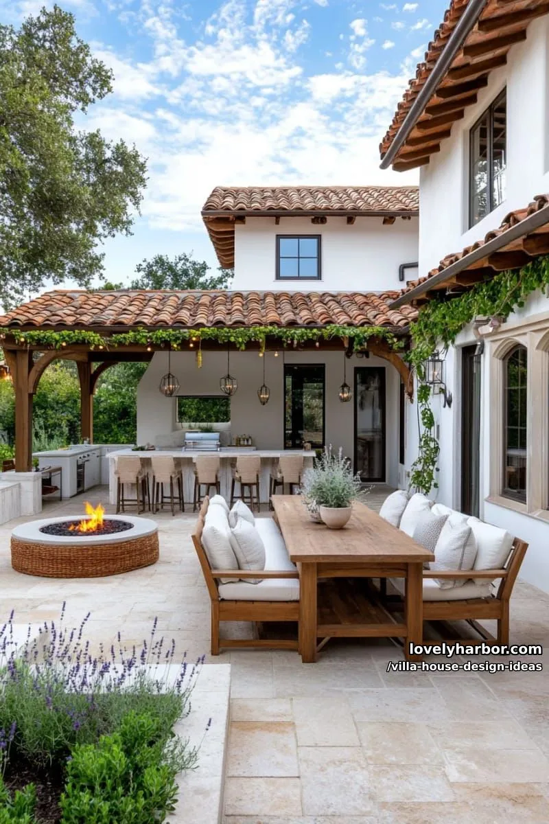 villa with an outdoor kitchen, dining pergola, and fire pit lounge 1
