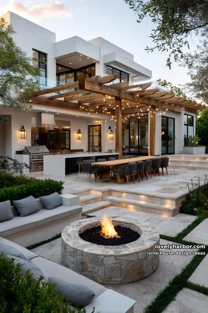 villa with an outdoor kitchen, dining pergola, and fire pit lounge 1