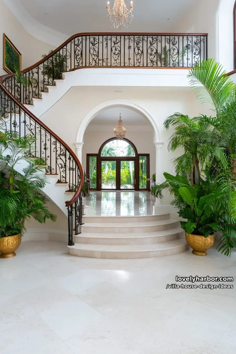 villa with spiral staircase and dramatic, oversized entrance archway 1