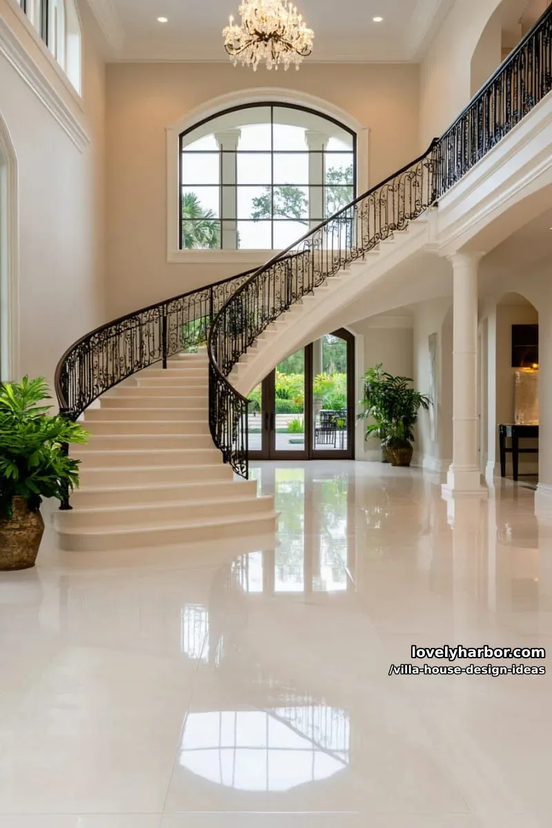villa with spiral staircase and dramatic, oversized entrance archway 1