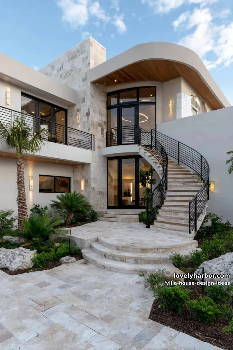 villa with spiral staircase and dramatic, oversized entrance archway 1