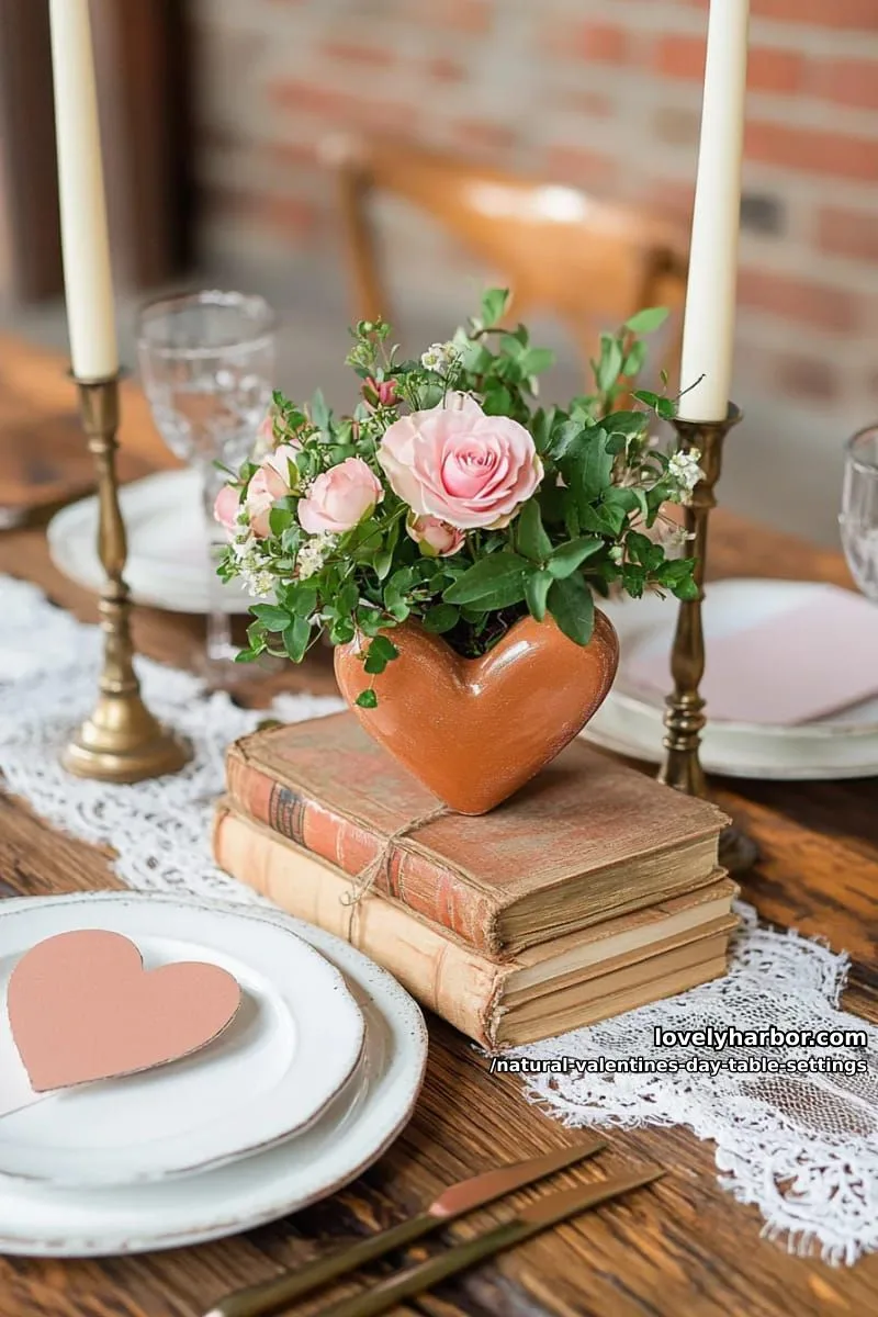 15 Natural Valentine’s Day Table Settings Perfect for a Romantic Table for Two 55 vintage books stacked in the center, topped with a small heart-shaped planter 1