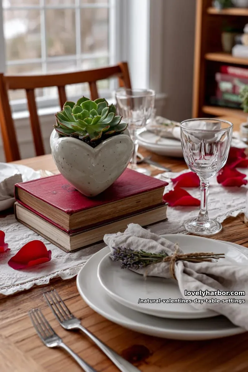 15 Natural Valentine’s Day Table Settings Perfect for a Romantic Table for Two 56 vintage books stacked in the center, topped with a small heart-shaped planter 1