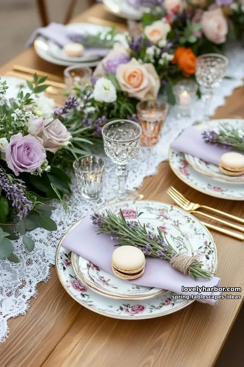vintage floral china paired with lavender napkins and gold cutlery 1