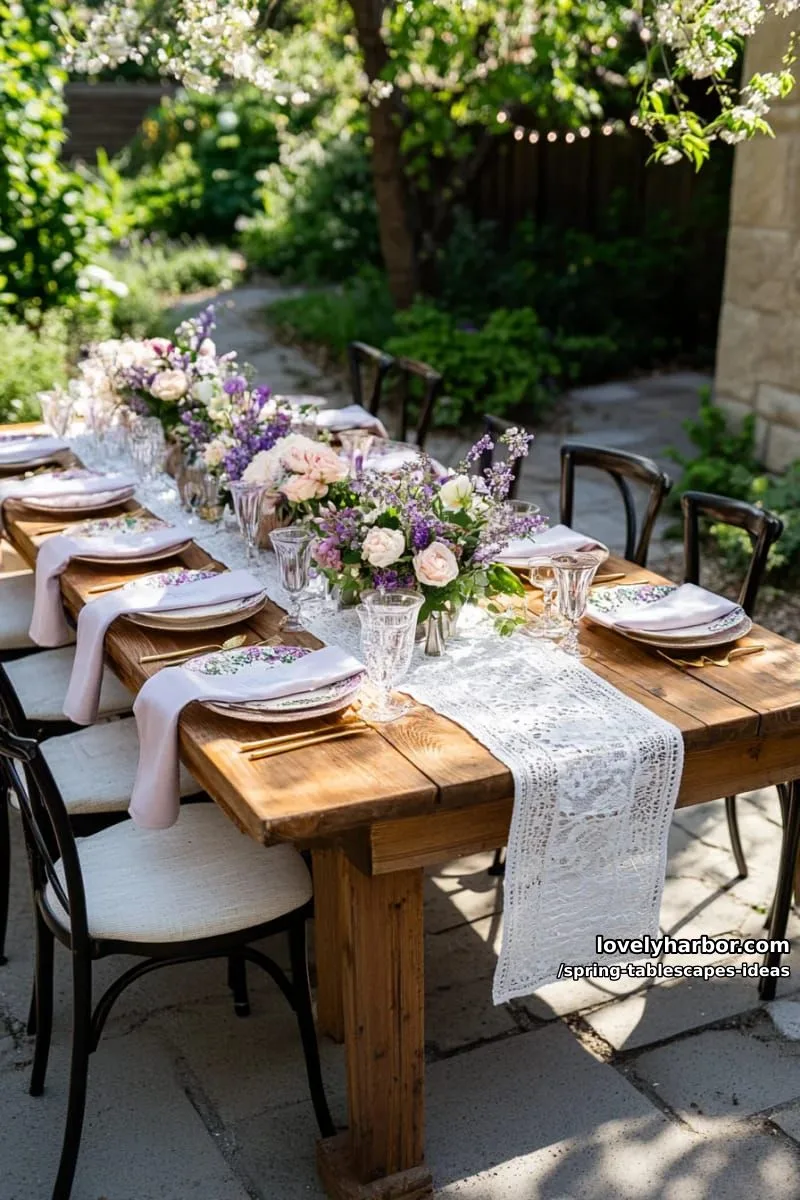 vintage floral china paired with lavender napkins and gold cutlery 1