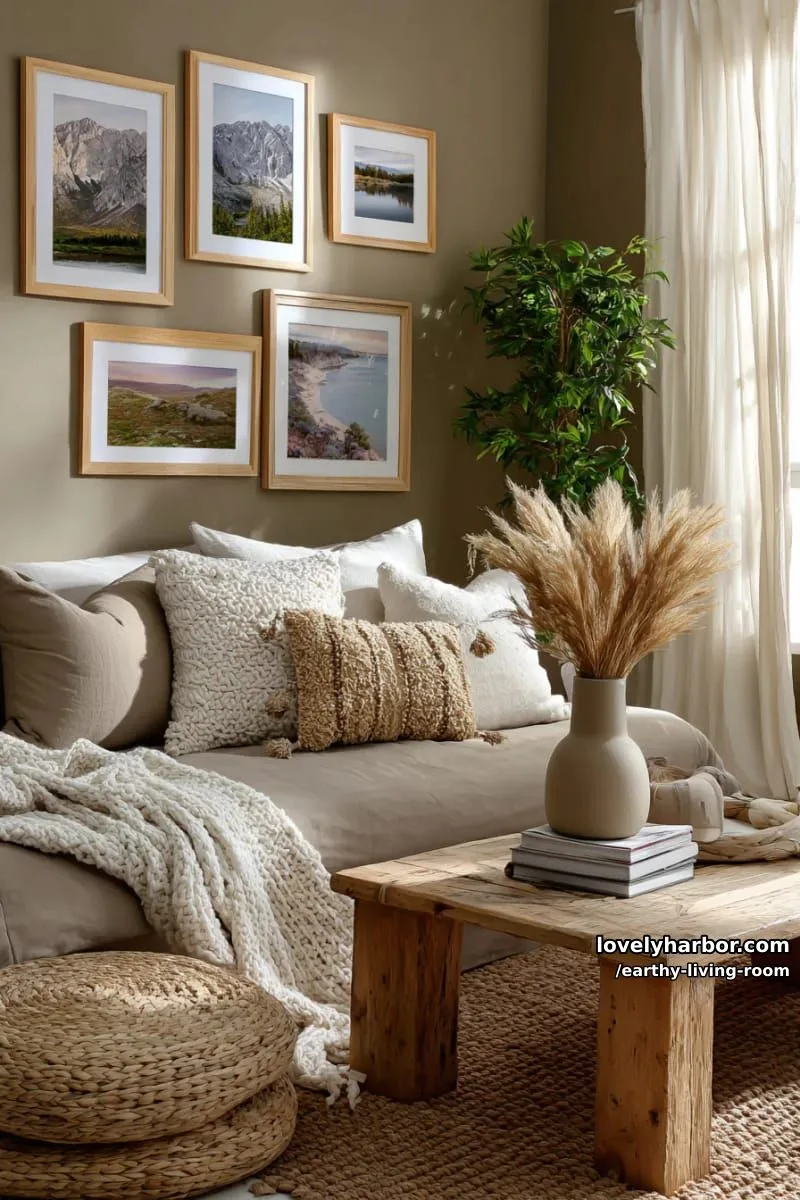 Bring Nature Indoors: 15 Earthy Living Room Designs to Inspire 16 vintage landscape gallery wall using muted natural wood frames 1