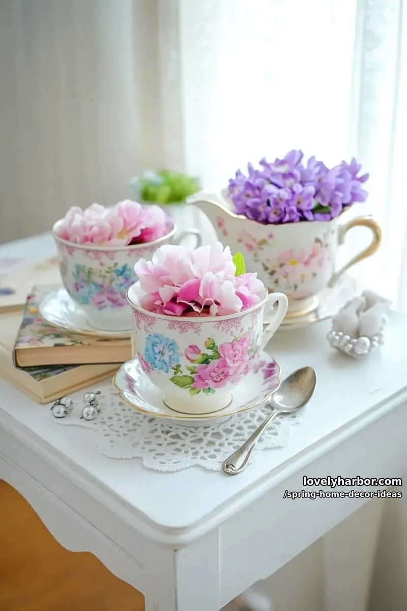 27 Gorgeous Spring Decor Ideas to Brighten Your Home 23 vintage teacup arrangements of hyacinths and peonies for a pretty side table 1