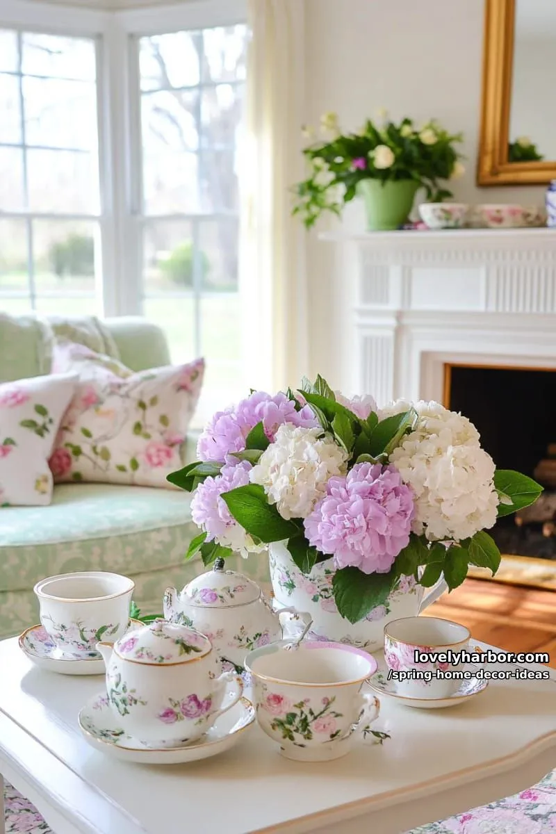 27 Gorgeous Spring Decor Ideas to Brighten Your Home 24 vintage teacup arrangements of hyacinths and peonies for a pretty side table 1