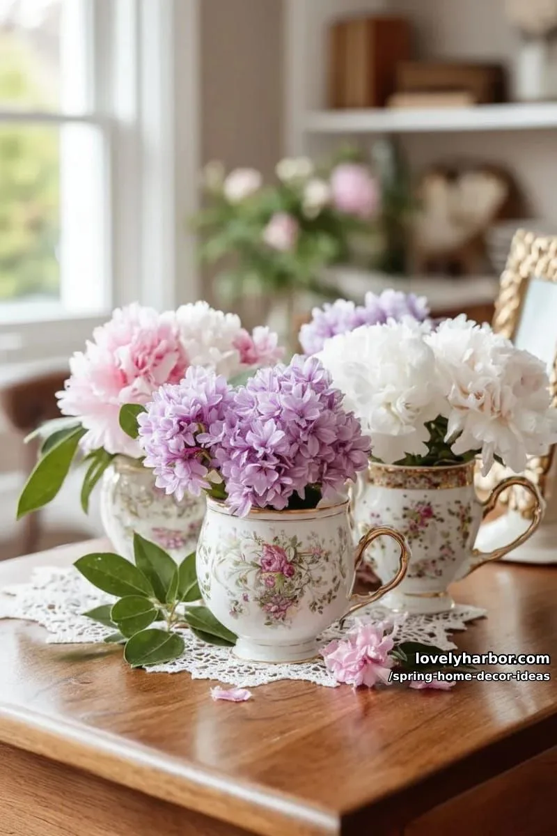 27 Gorgeous Spring Decor Ideas to Brighten Your Home 25 vintage teacup arrangements of hyacinths and peonies for a pretty side table 1