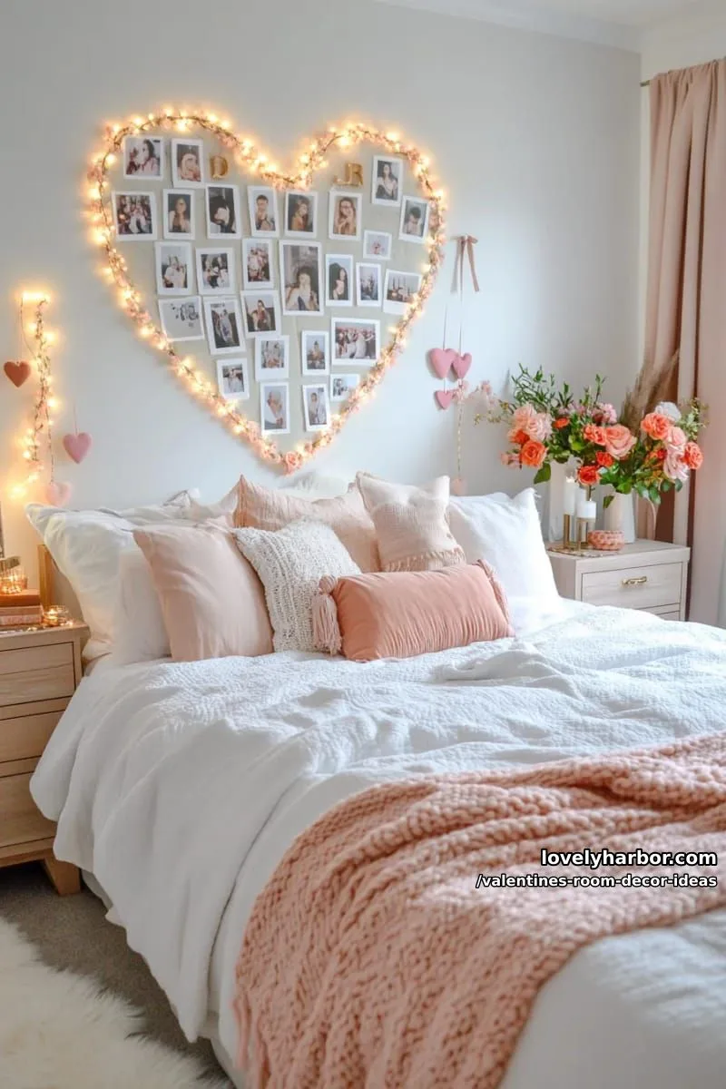 15 Valentine's Room Decor Ideas for a Romantic Ambiance 12 wall collage of polaroid memories in a giant heart shape 1