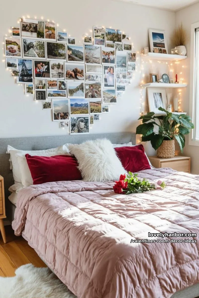 15 Valentine's Room Decor Ideas for a Romantic Ambiance 13 wall collage of polaroid memories in a giant heart shape 1