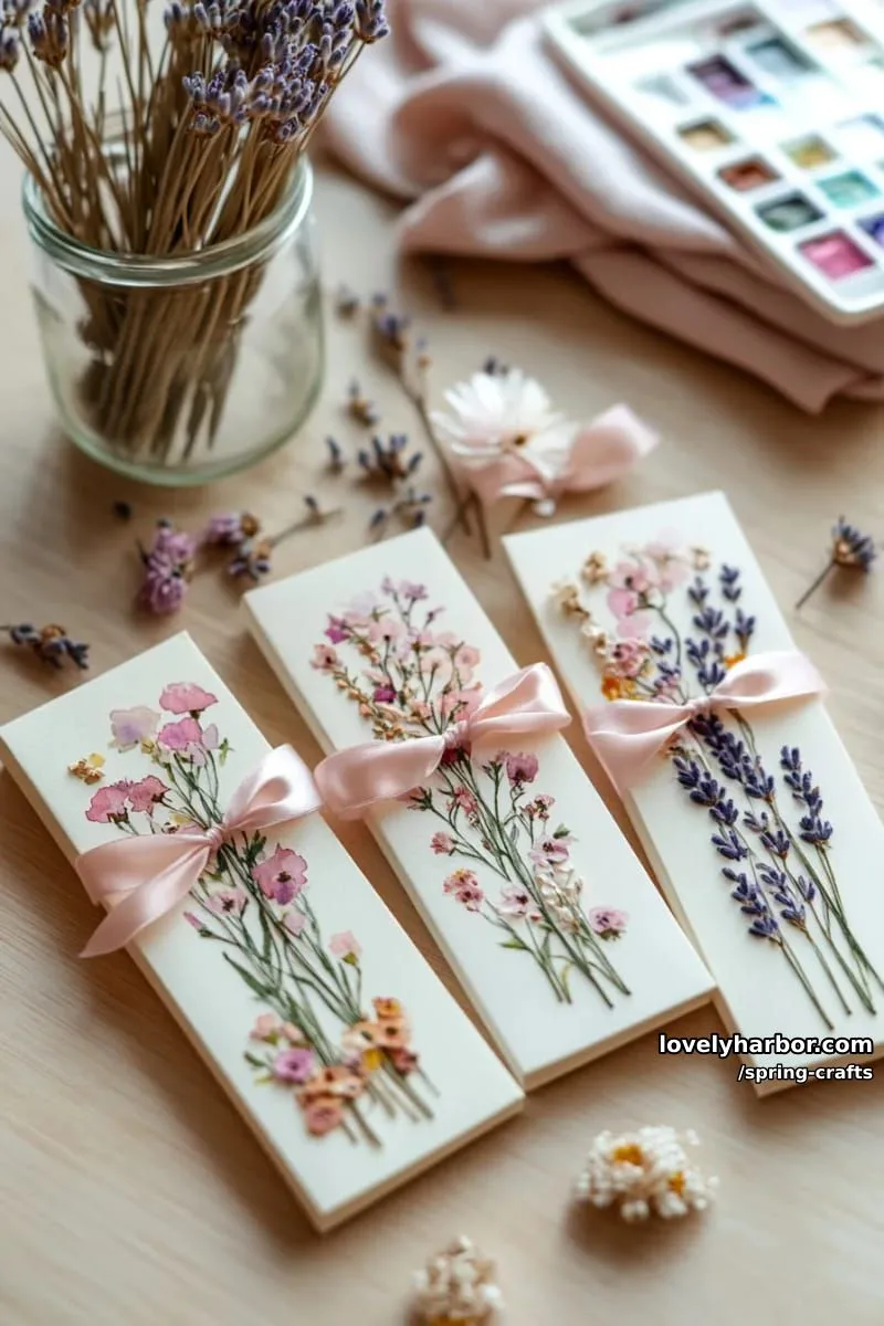 watercolor wildflower bookmarks tied with pastel ribbons and dried blooms 1