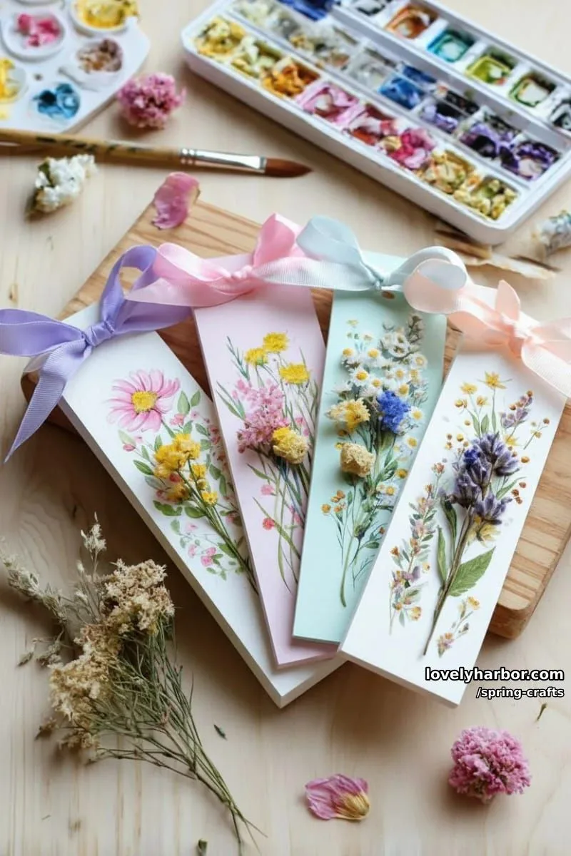 watercolor wildflower bookmarks tied with pastel ribbons and dried blooms 1