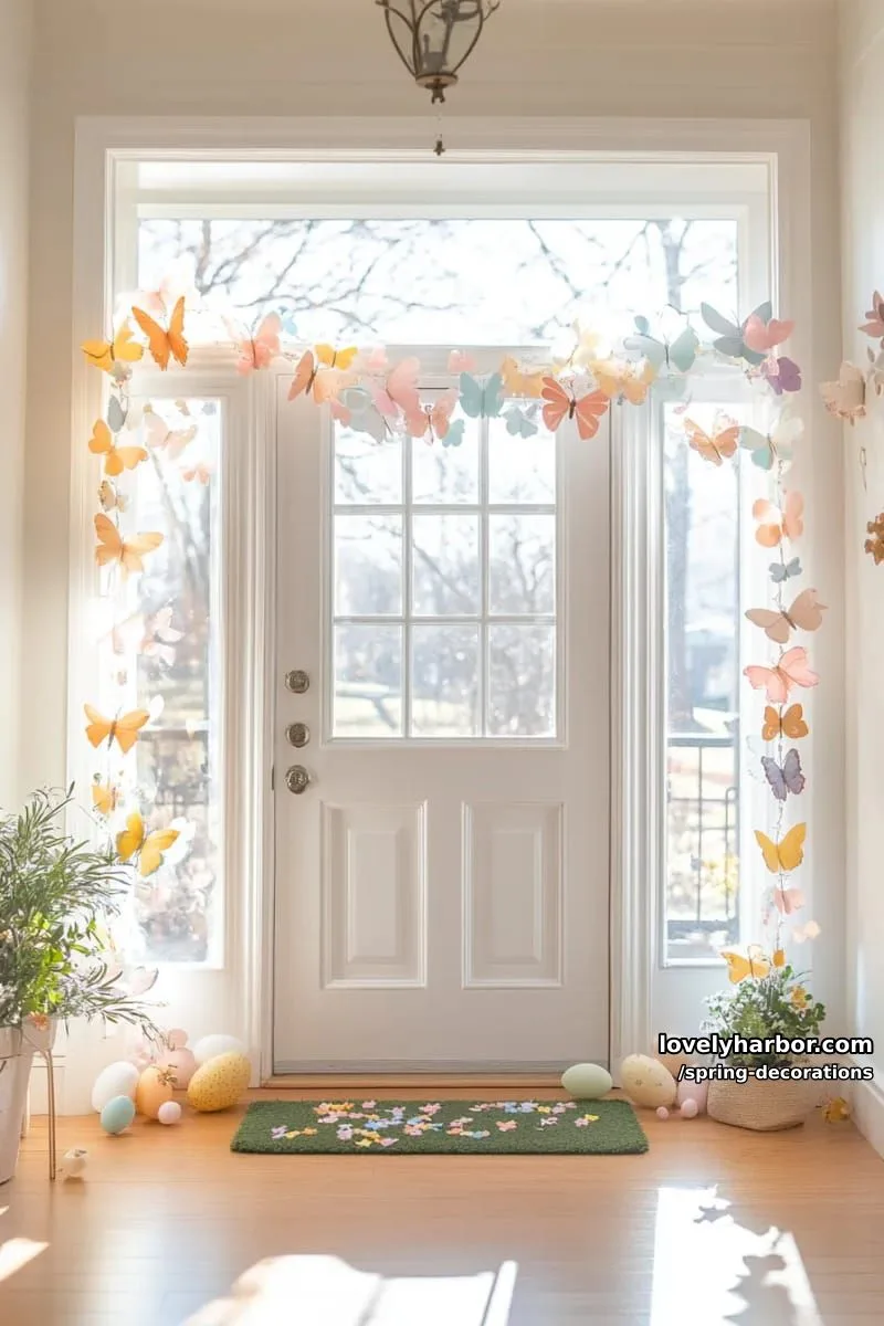 whimsical butterfly garlands cascading across a spring-decorated entryway 1