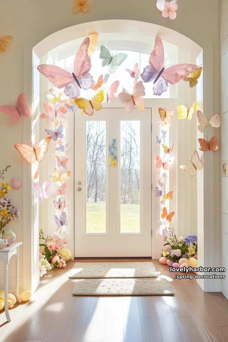 whimsical butterfly garlands cascading across a spring-decorated entryway 1