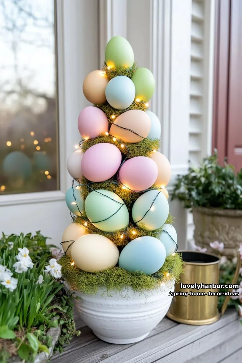 27 Gorgeous Spring Decor Ideas to Brighten Your Home 67 whimsical egg topiary in a white planter for a unique spring porch display 1