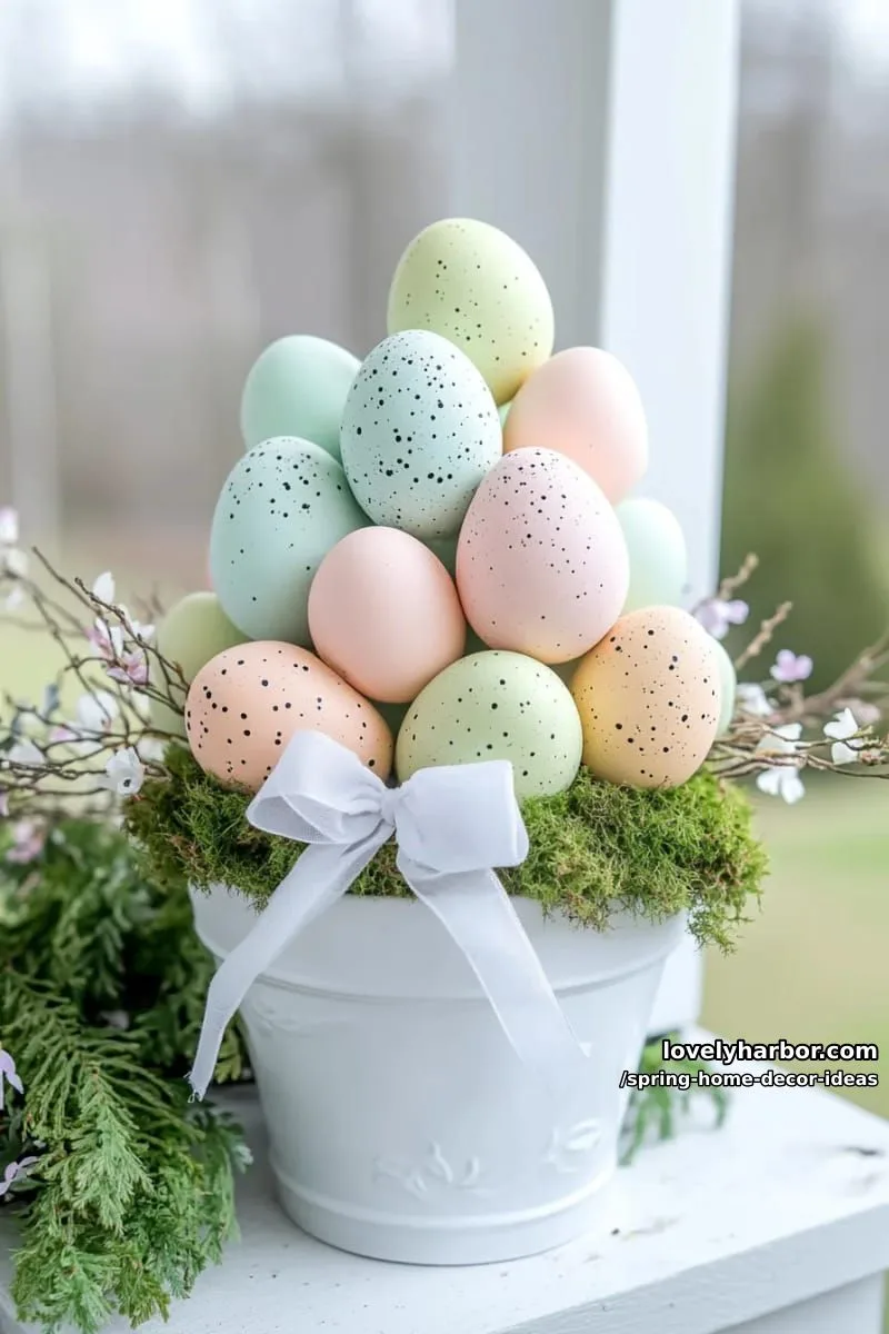 27 Gorgeous Spring Decor Ideas to Brighten Your Home 68 whimsical egg topiary in a white planter for a unique spring porch display 1