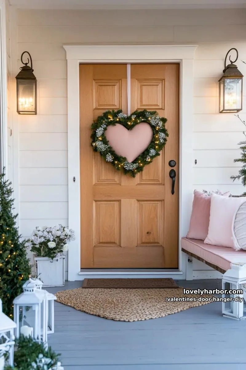 whimsical snow-dusted heart wreath with faux greenery and baby’s breath 1