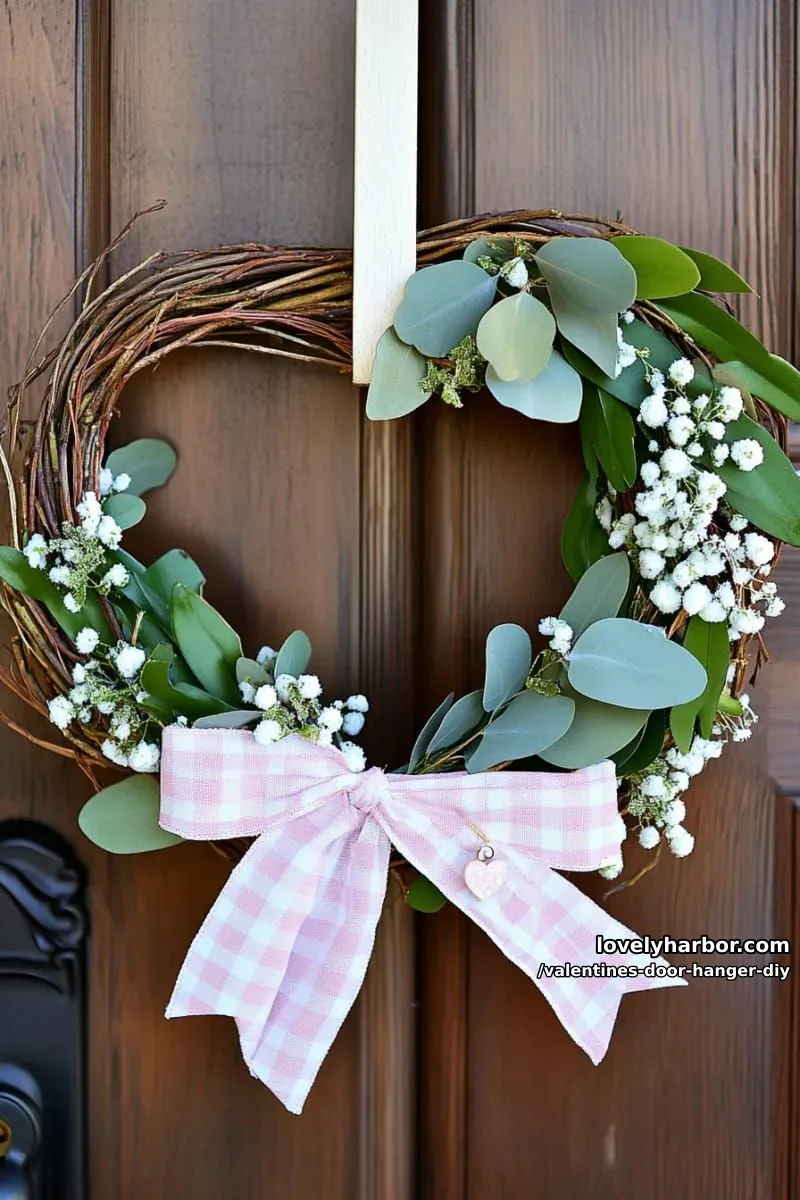 whimsical snow-dusted heart wreath with faux greenery and baby’s breath 1