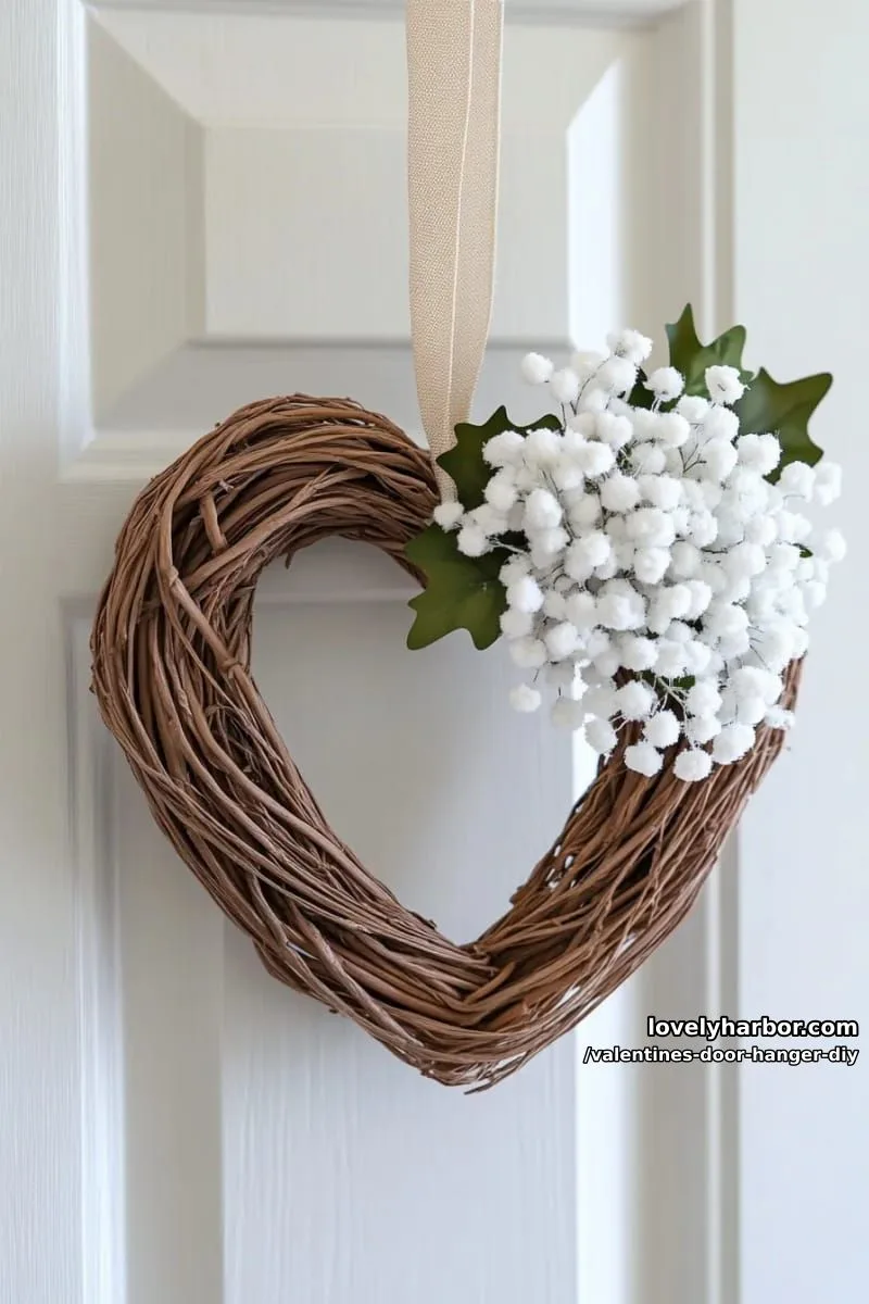 whimsical snow-dusted heart wreath with faux greenery and baby’s breath 1