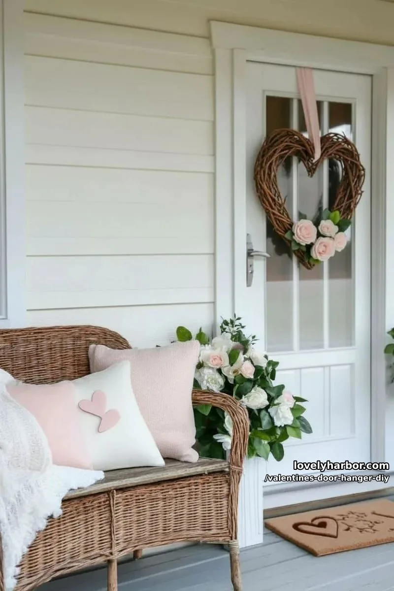 white and blush felt roses on rustic twig heart frame 1
