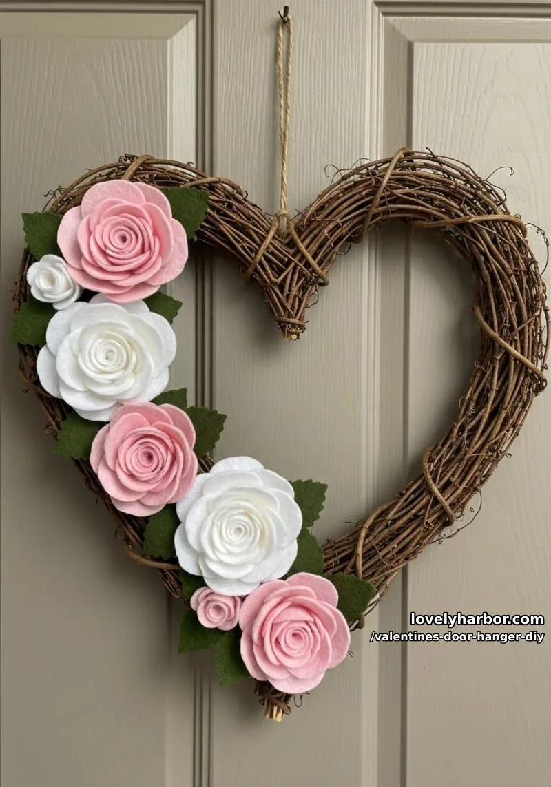 white and blush felt roses on rustic twig heart frame 1