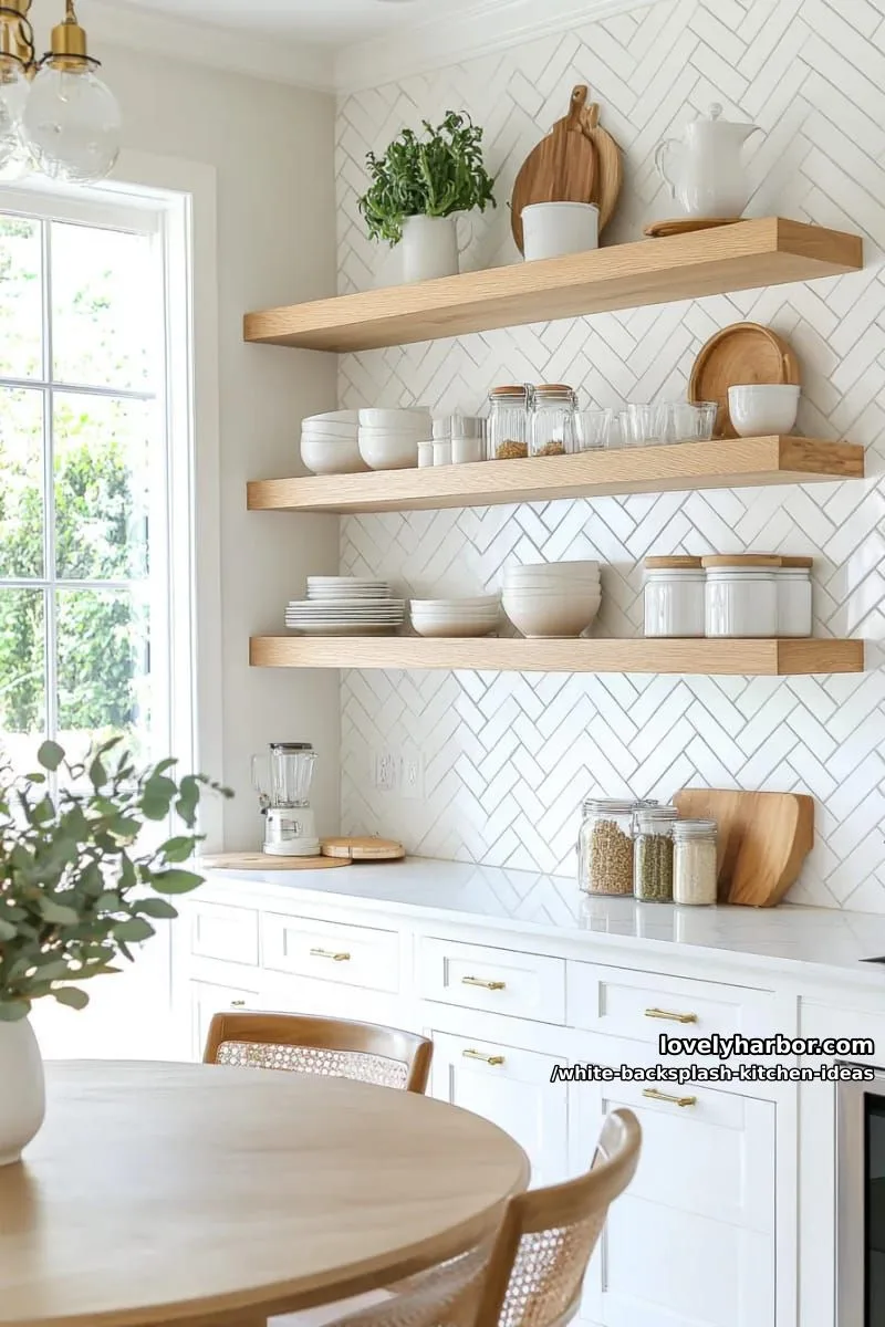 15 Elegant White Backsplash Ideas for Your Kitchen 19 white chevron-patterned tile backsplash under floating natural wood shelves 1