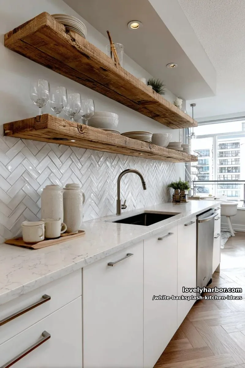 15 Elegant White Backsplash Ideas for Your Kitchen 20 white chevron-patterned tile backsplash under floating natural wood shelves 1